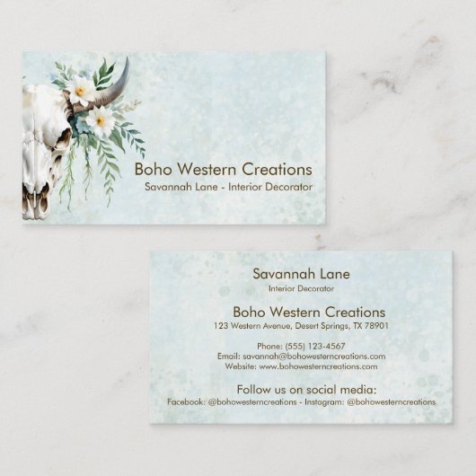 Boho Chic Waterverf Witte Bloemen Koe Schedel Visitekaartje (Voorkant / Achterkant)