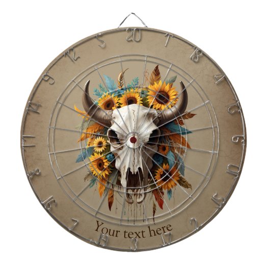 Boho Chic Waterverf Zonnebloem Veer Koe Schedel Dartbord (Voorkant)