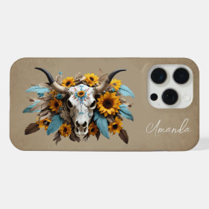 Boho Chic Waterverf Zonnebloem Veer Koe Schedel iPhone 15 Pro Max Case