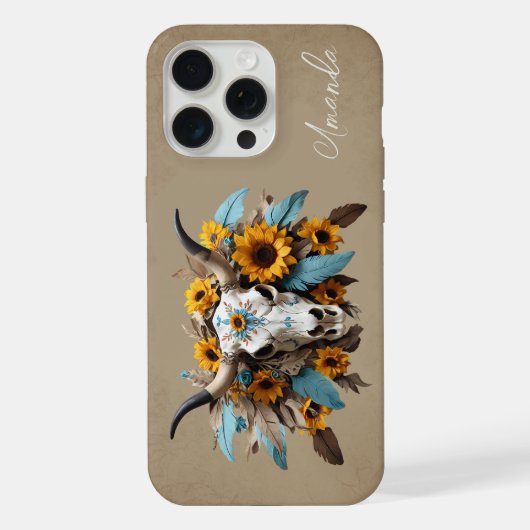 Boho Chic Waterverf Zonnebloem Veer Koe Schedel iPhone Hoesje (Achterkant)