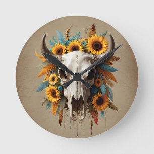 Boho Chic Waterverf Zonnebloem Veer Koe Schedel Ronde Klok
