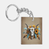 Boho Chic Waterverf Zonnebloem Veer Koe Schedel Sleutelhanger (Voorkant Links)