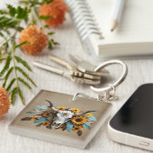 Boho Chic Waterverf Zonnebloem Veer Koe Schedel Sleutelhanger (Voorkant Rechts)