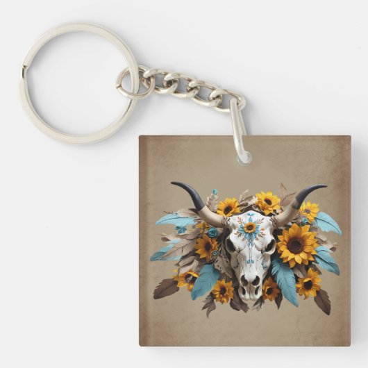 Boho Chic Waterverf Zonnebloem Veer Koe Schedel Sleutelhanger (Voorkant)