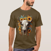 Boho Chic Waterverf Zonnebloem Veer Koe Schedel T-shirt (Voorkant)