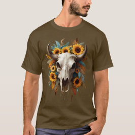 Boho Chic Waterverf Zonnebloem Veer Koe Schedel T-shirt