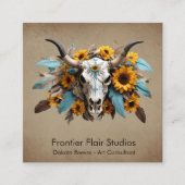 Boho Chic Waterverf Zonnebloem Veer Koe Schedel Vierkante Visitekaartje (Voorkant)