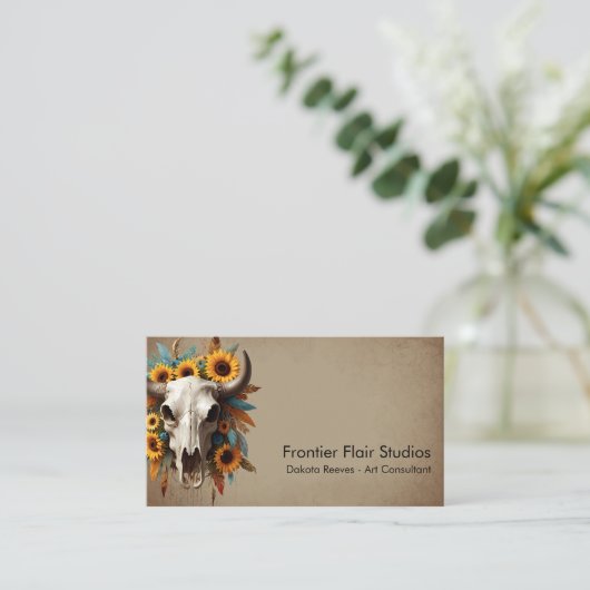 Boho Chic Waterverf Zonnebloem Veer Koe Schedel Visitekaartje (Staand voorkant)