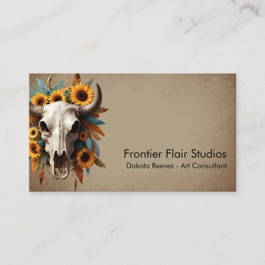 Boho Chic Waterverf Zonnebloem Veer Koe Schedel Visitekaartje (Voorkant)