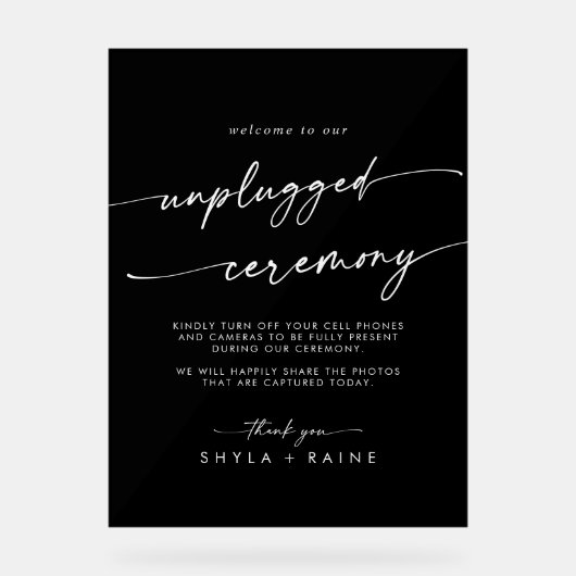 Boho Chic White Black Wedding Unplugged Ceremony Acryl Bord (Voorkant)