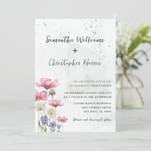 Boho Chic Wild Flower Waterverf Wedding Kaart (Staand voorkant)
