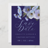Boho Chic Wilde Bloem Bloemstuk Navy Blauwe Trouwd Save The Date (Voorkant)