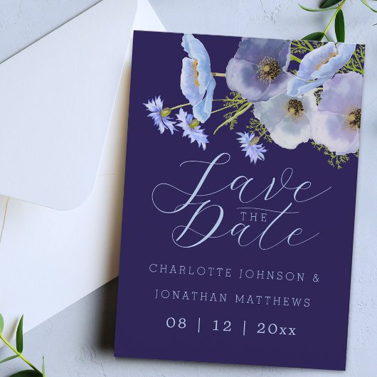 Boho Chic Wilde Bloem Bloemstuk Navy Blauwe Trouwd Save The Date