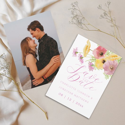 Boho Chic Wilde Bloem Roze Bloemstuk Foto Bruiloft Save The Date