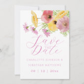 Boho Chic Wilde Bloem Roze Bloemstuk Foto Bruiloft Save The Date (Voorkant)