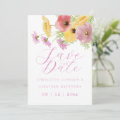 Boho Chic Wilde Bloem Roze Bloemstuk Foto Bruiloft Save The Date (Staand voorkant)