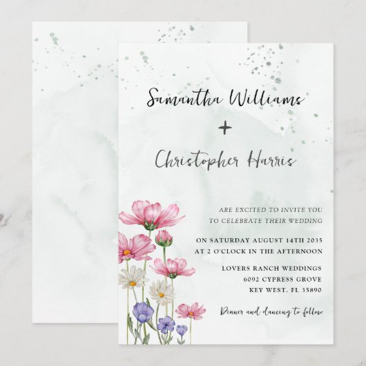 Boho Chic Wilde Bloem Waterverf Bruiloft Kaart (Voorkant / Achterkant)