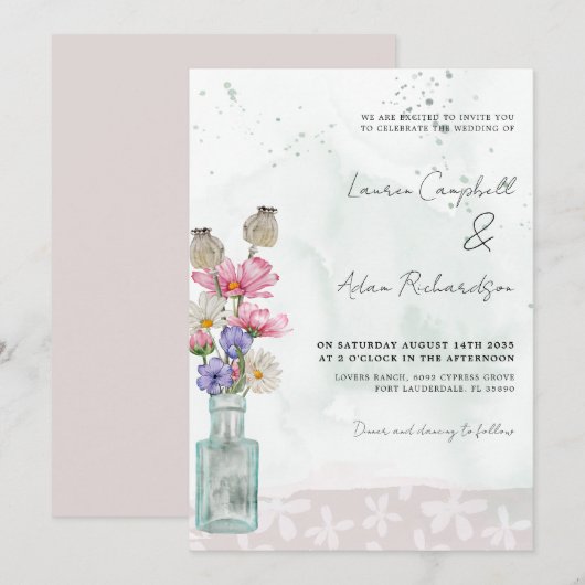 Boho Chic Wilde Bloem Waterverf Bruiloft Kaart (Voorkant / Achterkant)