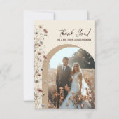 Boho Chic Wilde Bloemen Boog Foto QR Code Bruiloft Bedankkaart (Voorkant)