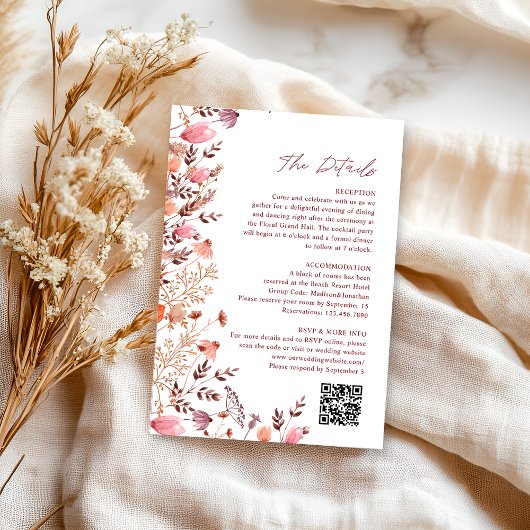 Boho Chic Wilde Bloemen QR Code Huwelijksdetails Informatiekaartje