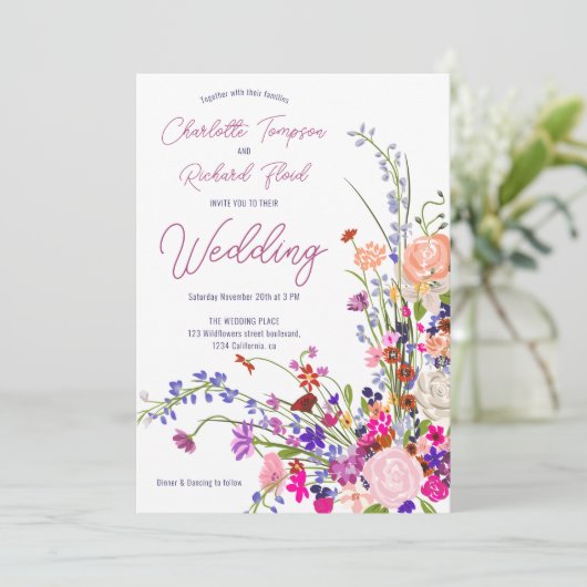 Boho chic wilde bloemen script foto bruiloft kaart (Staand voorkant)