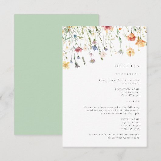 Boho Chic Wildebloem Bruiloft Details Informatiekaartje (Voorkant / Achterkant)