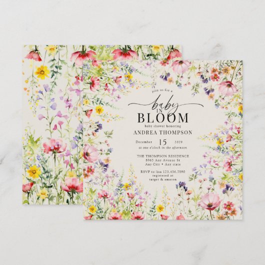Boho Chic Wildflower Baby shower | Baby in Bloom Kaart (Voorkant / Achterkant)
