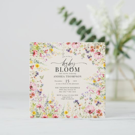 Boho Chic Wildflower Baby shower | Baby in Bloom Kaart (Staand voorkant)