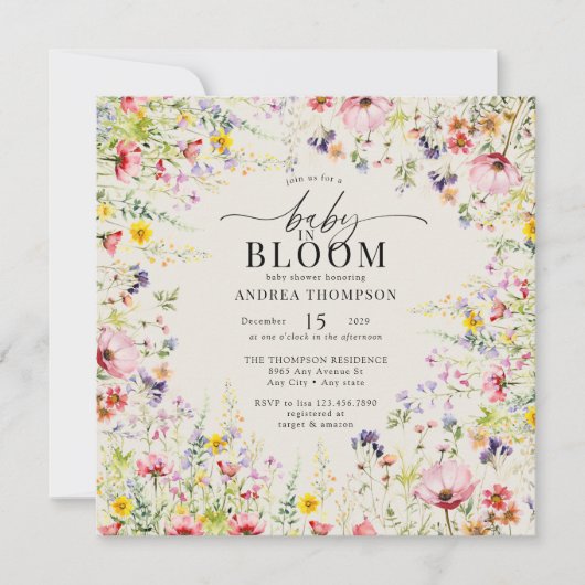 Boho Chic Wildflower Baby shower | Baby in Bloom Kaart (Voorkant)