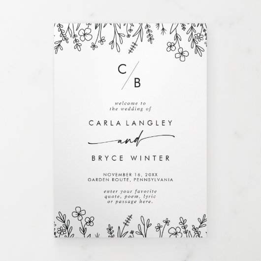 Boho Chic Wildflower Monogram Wedding Drieluik Programma (Cover)