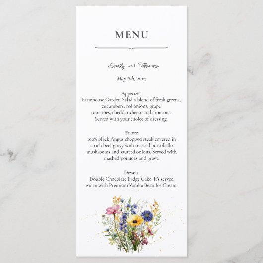 Boho Chic Wildflower Simple Wedding Menu (Voorkant)