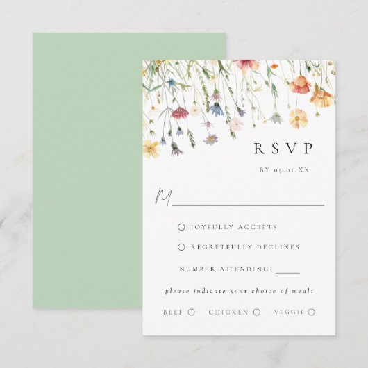 Boho Chic Wildflower Wedding Meal Choice RSVP Card (Voorkant / Achterkant)