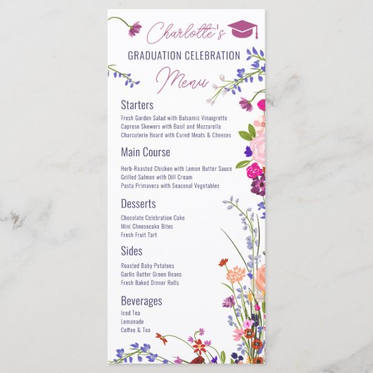 Boho Chic Wildflowers Afstudeerfeest Menu (Voorkant)