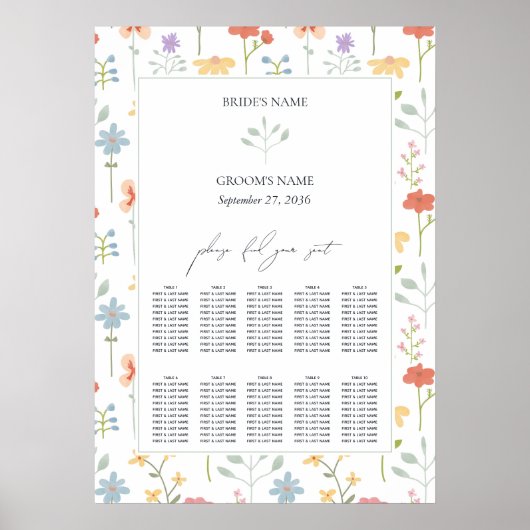 Boho Chic Wildflowers Bloemen Huwelijk Zitting Gra Poster (Voorkant)