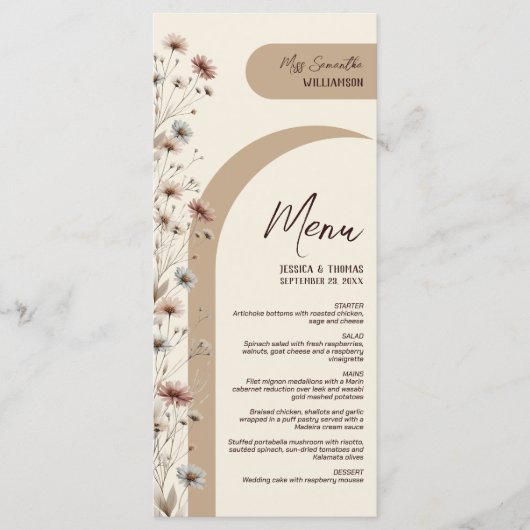 Boho Chic Wildflowers Elegante bruiloft gepersonal Menu (Voorkant)