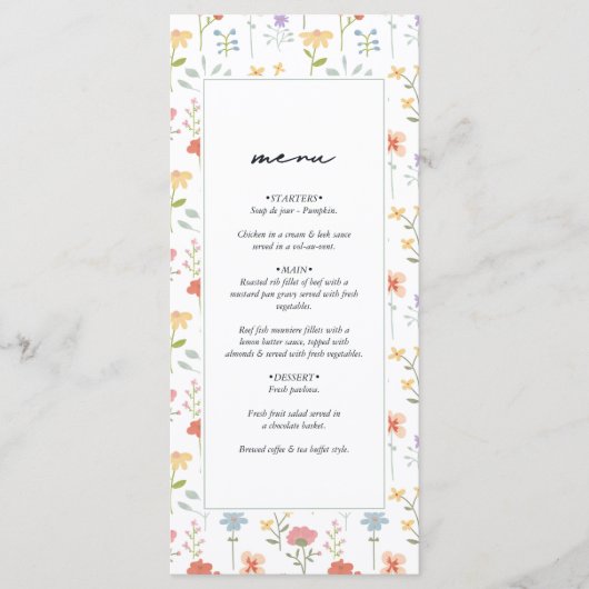 Boho Chic Wildflowers Modern Floral Wedding Menu (Voorkant)