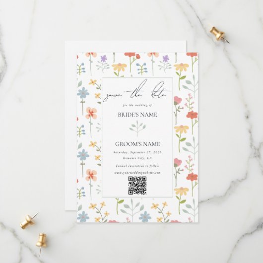 Boho Chic Wildflowers Modern Floral Wedding Save The Date (Voorkant / Achterkant in situ)