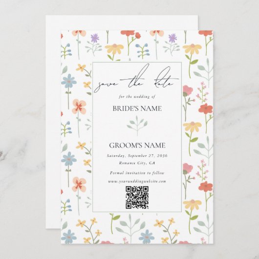 Boho Chic Wildflowers Modern Floral Wedding Save The Date (Voorkant / Achterkant)