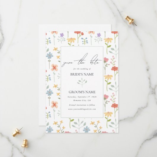 Boho Chic Wildflowers Modern Floral Wedding Save The Date (Voorkant / Achterkant in situ)