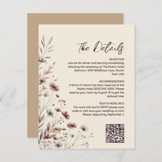 Boho Chic Wildflowers QR Code Trouwdetails Informatiekaartje (Voorkant / Achterkant)