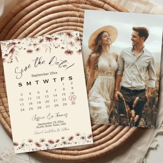 Boho Chic Wildflowers Trouwkalender en foto Save The Date