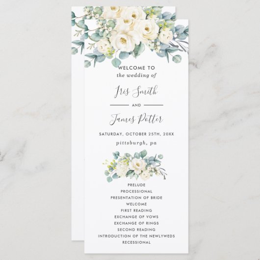 Boho Chic Wit Bloemen Eucalyptus Trouwprogramma Programmakaart (Voorkant / Achterkant)
