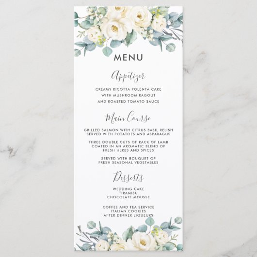 Boho chic wit bloemig eucalyptus bruiloft menu (Voorkant)