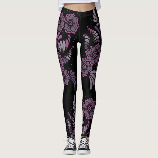 Boho Chic Yoga Zen Paars Floral Mandala Pattern Leggings (Voorkant)