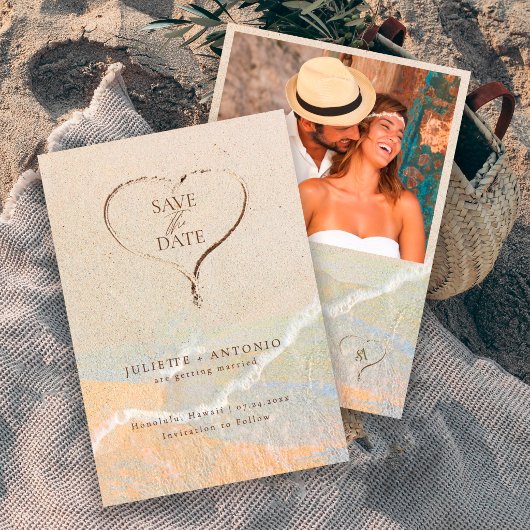 Boho Chic Zand Hart Strand Bestemming Trouwen  Save The Date