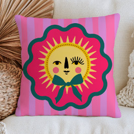 Boho Chic Zon Gezicht Kleurrijk Maximalist Gestree Kussen