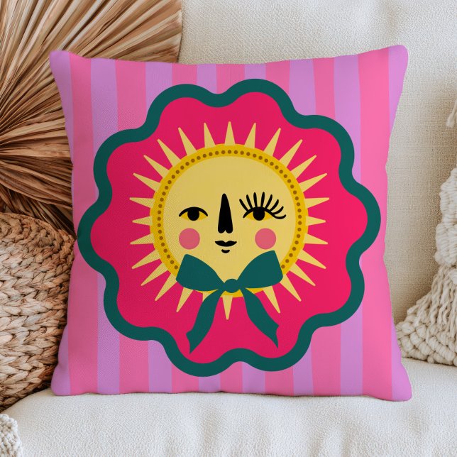 Boho Chic Zon Gezicht Kleurrijk Maximalist Gestree Kussen (Creator heeft geüpload)