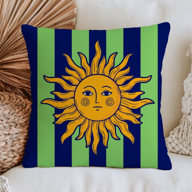Boho Chic Zon Gezicht Navy Blauwe & Groene Strepen Kussen (Creator heeft geüpload)