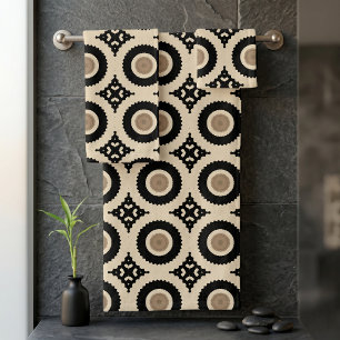 Boho Chic Zwart Beige Geometrisch Medaillon Patroo Bad Handdoek