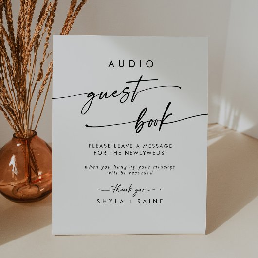 Boho Chic Zwart-wit Audio Guestbook Wedding Reclamebord Met Voetstuk